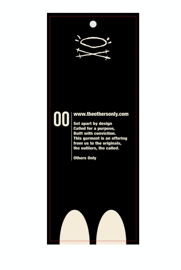 Black Others Only hangtag with cream crest, founding message and two oval marks